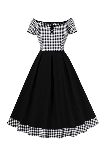 Vestido vintage negro a cuadros fuera del hombro con mangas cortas